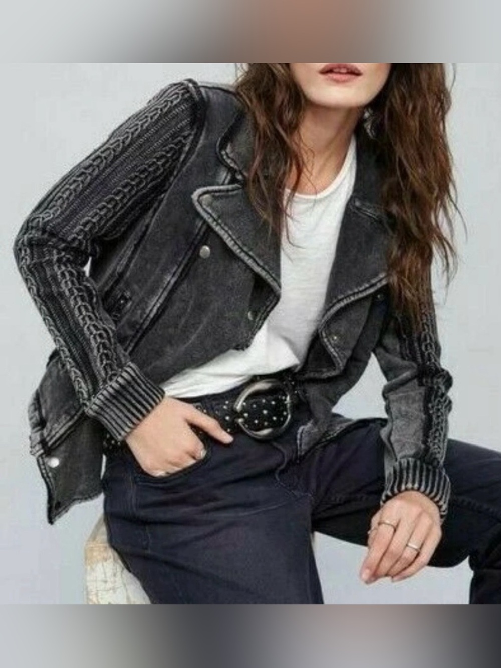 Free People Distressed Moto Cotton Jacket/Sweater - Picture 2 of 15